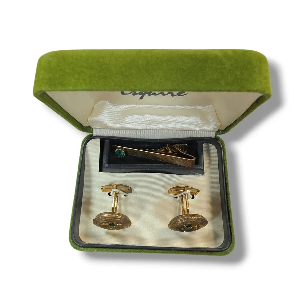 Vintage ESQ Esquire Gold Tone Green Stone  TIE‎ TACK & CUFF LINKS Original box